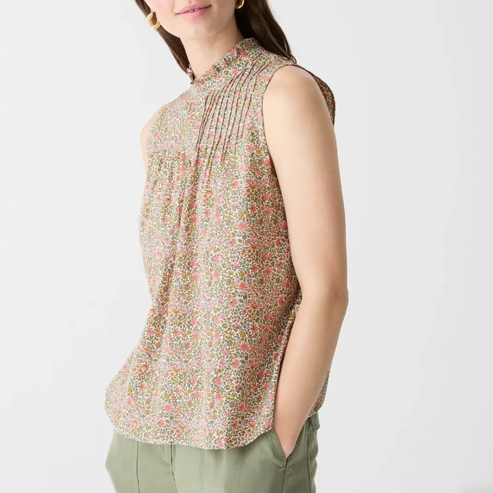 J. CREW Pintuck Cotton Poplin Top Scattered Blooms Pink {M51}